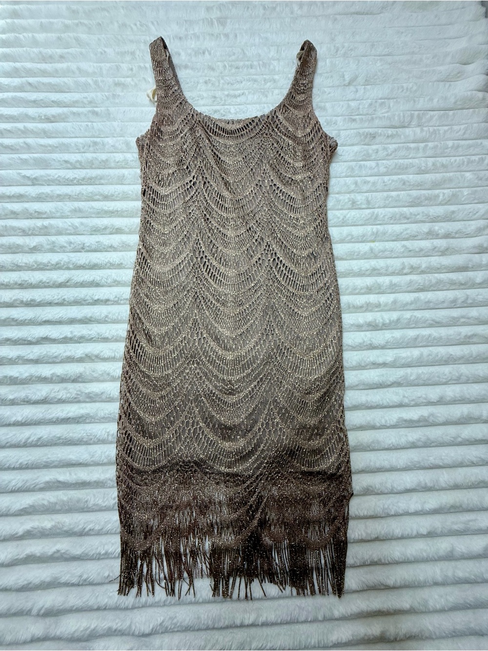 S.L. Fashions Taupe Crochet Fringe Midi Slip Dress
